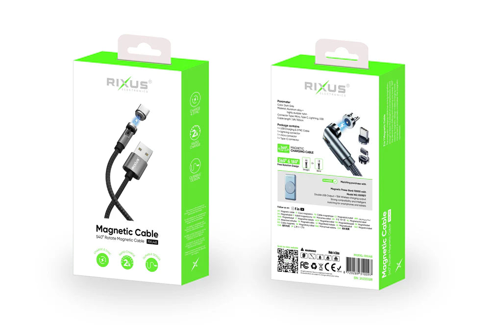 Rixus RXU48 Magnetisches 3-in-1 Ladekabel – Schwarz (100 cm)