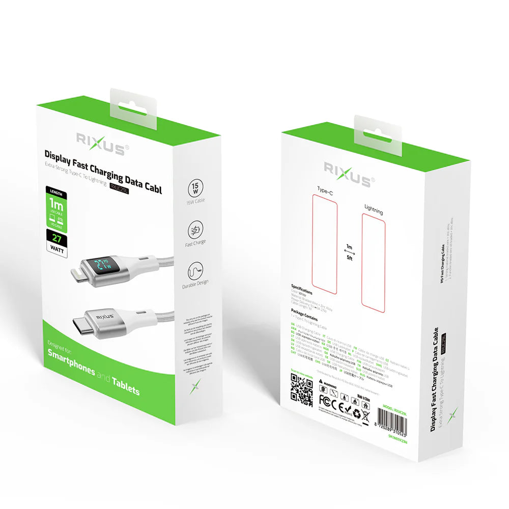 Rixus RXUC29L USB-C zu Lightning Kabel mit LED Anzeige 27W Schnellladung – 1m Weiss