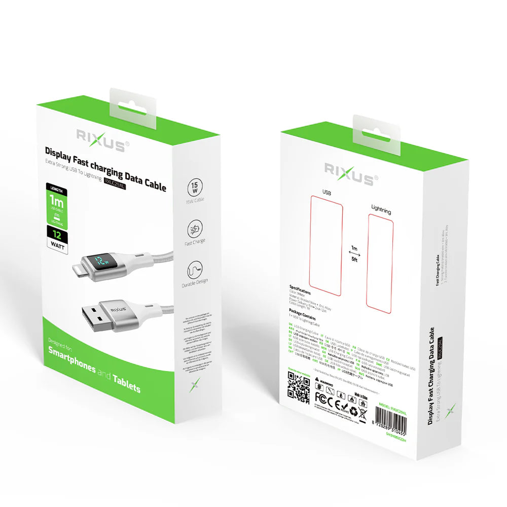 Rixus RXUC29AL Geflochtenes USB-A zu Lightning Ladekabel mit LED-Anzeige – 1 Meter Weiß
