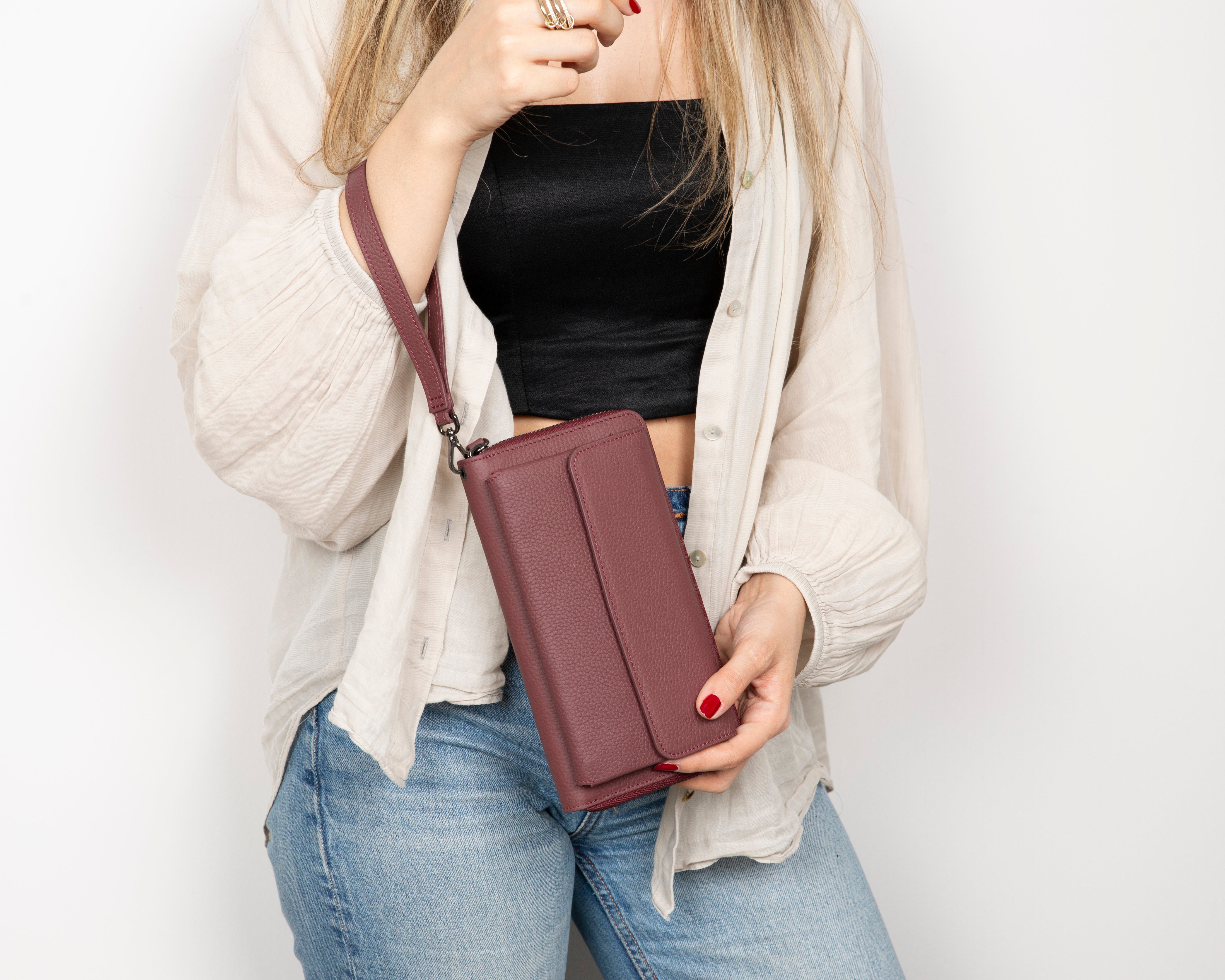 Aristo – Leder Geldbörse mit Handyfach (12 Kartenfaecher, Magnetisch, Handgelenksschlaufe)