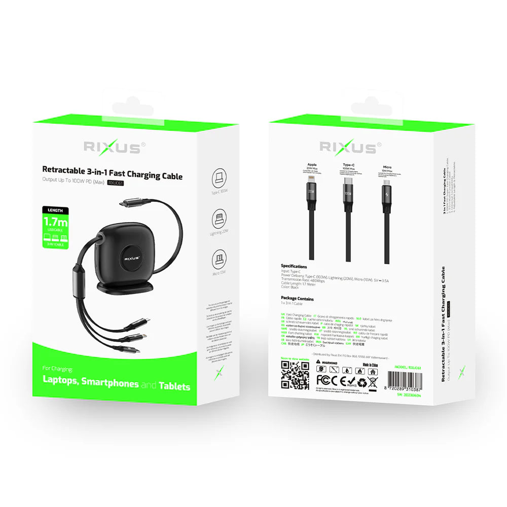 Rixus RXUC61 3-in-1 Ausziehbares Schnellladekabel – Schwarz (1,7 m)
