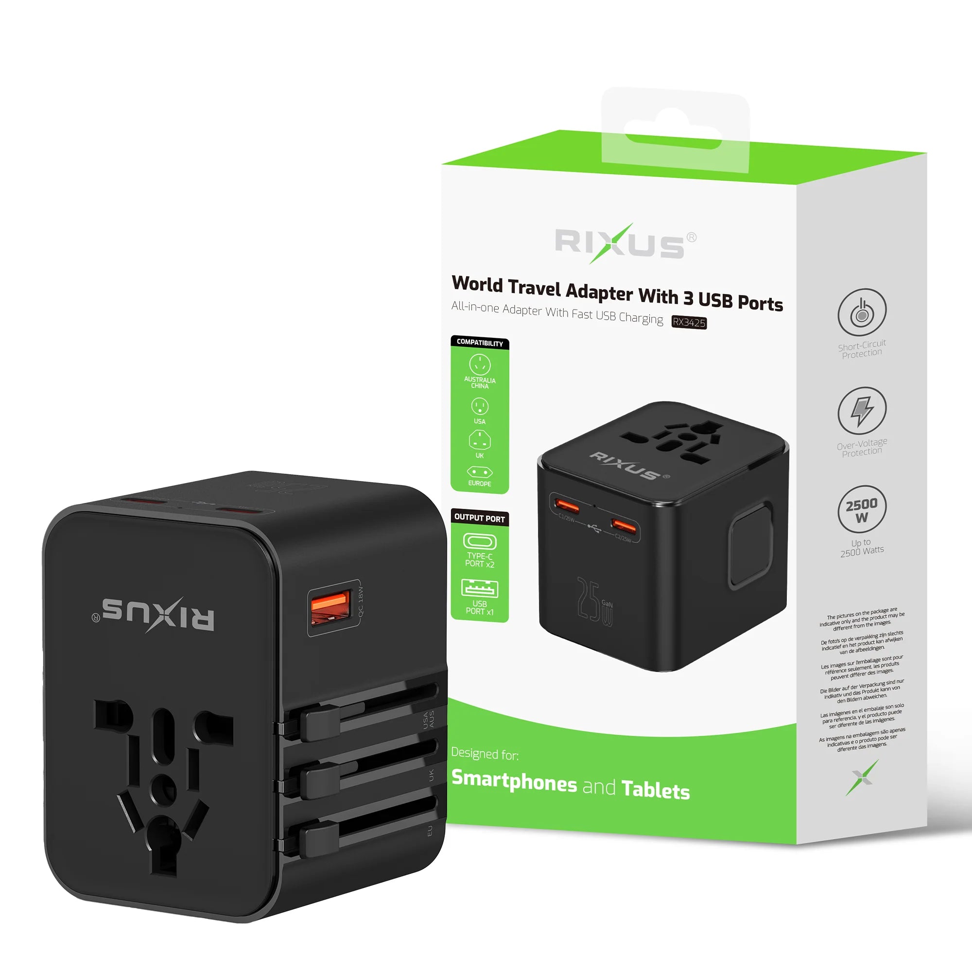 Universeller Reiseadapter Travel Reise 25W Adapter USB-A & USB-C PD für 150+ Länder – Schwarz
