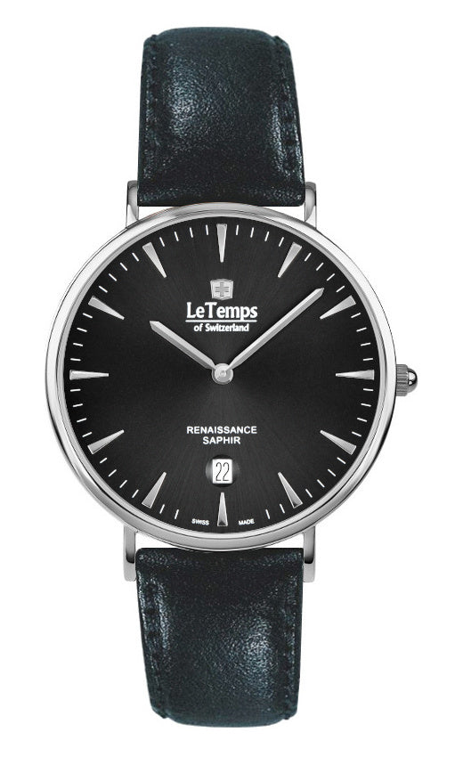 Renaissance Unisex Uhr mit schwarzem Lederarmband – Saphirglas