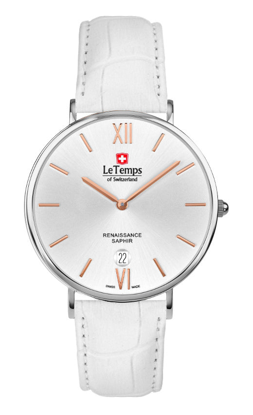 Renaissance Unisex Uhr mit weißem Lederarmband – Saphirglas