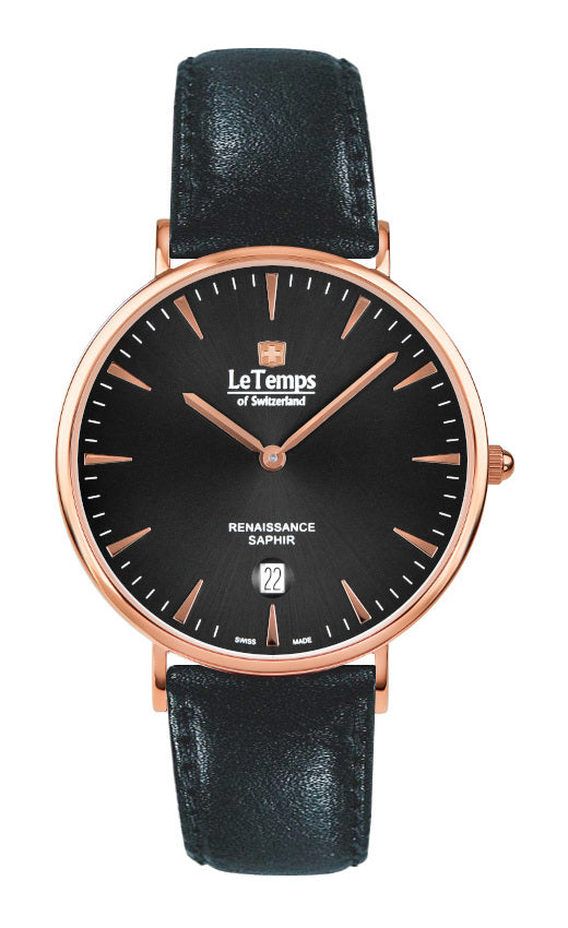 Renaissance Unisex Uhr mit schwarzem Lederarmband – Saphirglas