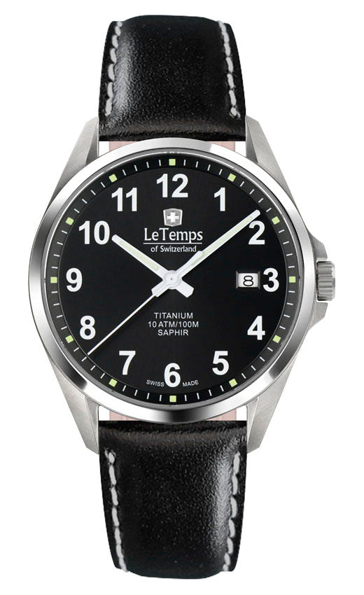 Titanium Gent Herrenuhr mit schwarzem Lederarmband – Saphirglas