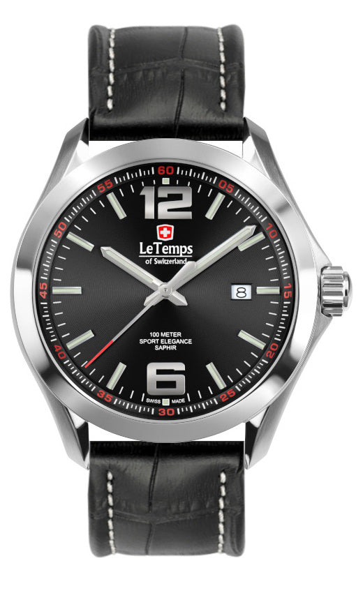 Sport Elegance Gent 43 Herrenuhr mit schwarzem Lederarmband – Saphirglas