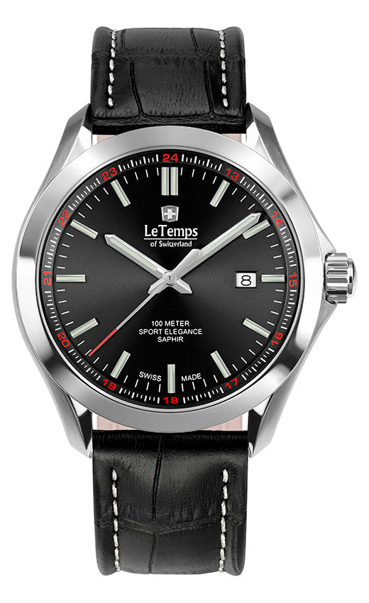 Sport Elegance Gent 43 Herrenuhr mit schwarzem Lederarmband – Saphirglas