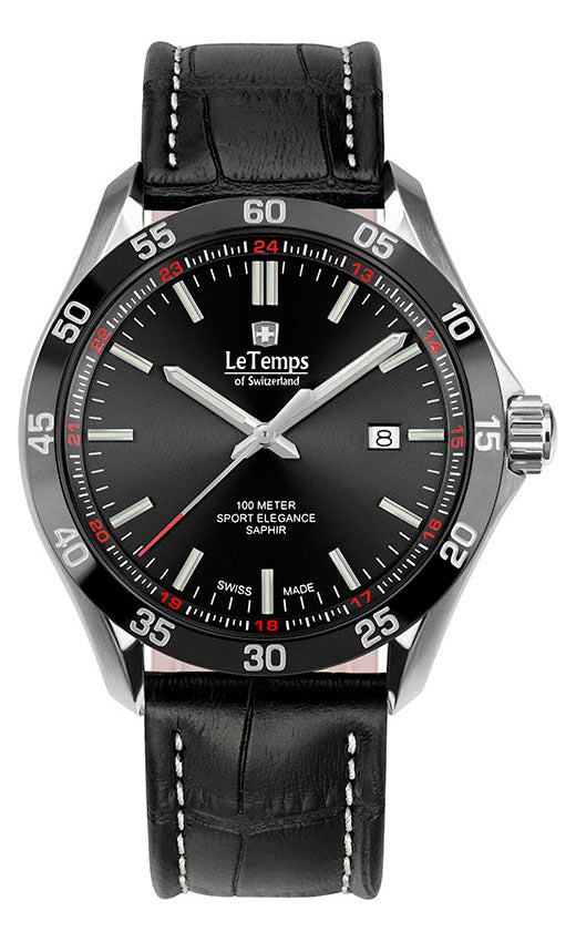 Sport Elegance Gent 43 Herrenuhr mit schwarzem Lederarmband – Saphirglas