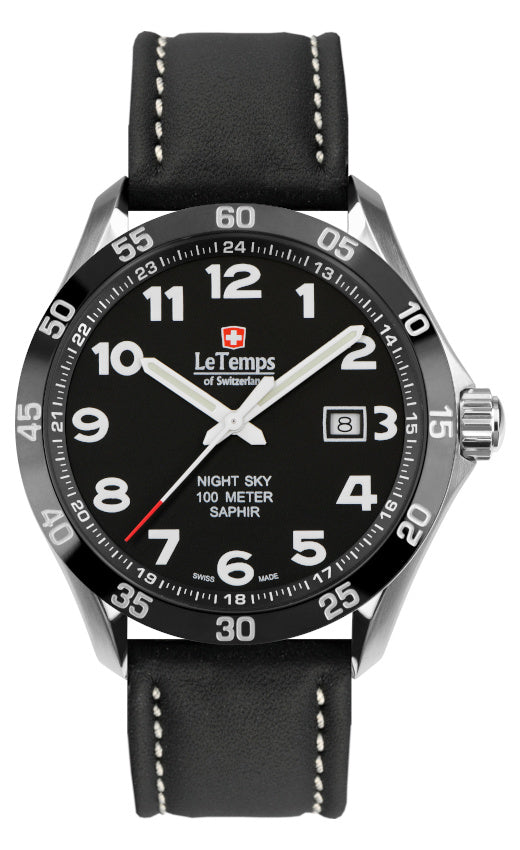 Sport Elegance Gent 43 Herrenuhr mit schwarzem Lederarmband – Saphirglas
