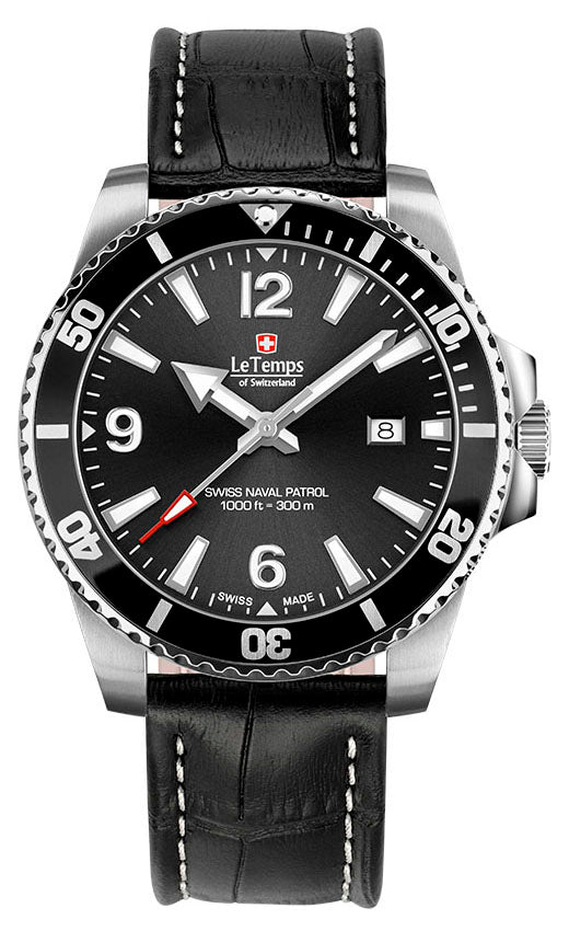 Swiss Naval Patrol Diver Unisex Uhr mit schwarzem Lederarmband