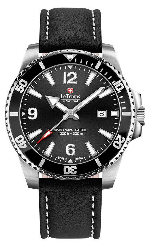 Swiss Naval Patrol Diver Unisex Uhr mit schwarzem Lederarmband