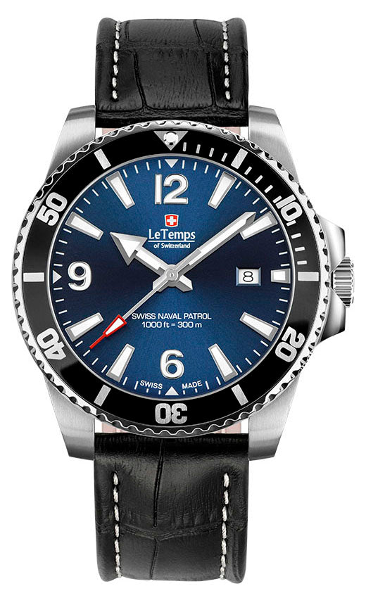 Swiss Naval Patrol Diver Unisex Uhr mit schwarzem Lederarmband