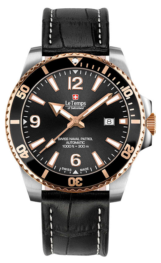 Swiss Naval Patrol Automatik Diver Unisex Uhr mit schwarzem Lederarmband