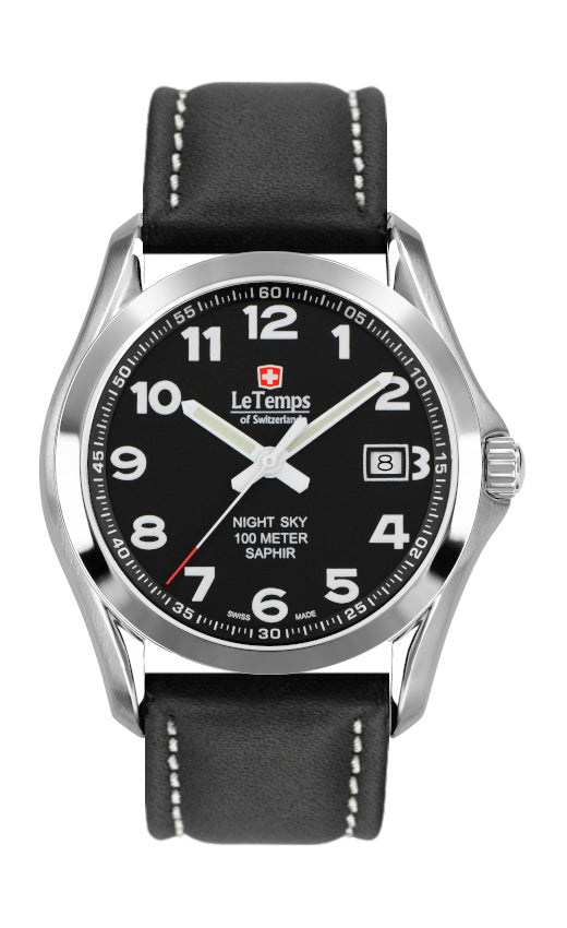 Sport Elegance Gent Herrenuhr mit schwarzem Lederarmband – Saphirglas