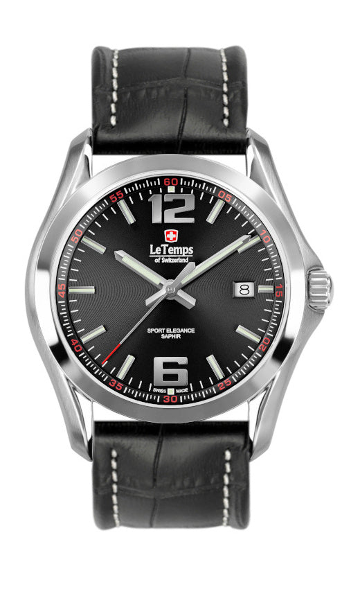 Sport Elegance Gent Herrenuhr mit schwarzem Lederarmband – Saphirglas