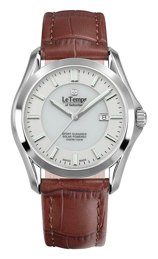 Sport Elegance Gent Solar Herrenuhr mit weißem Lederarmband – Saphirglas