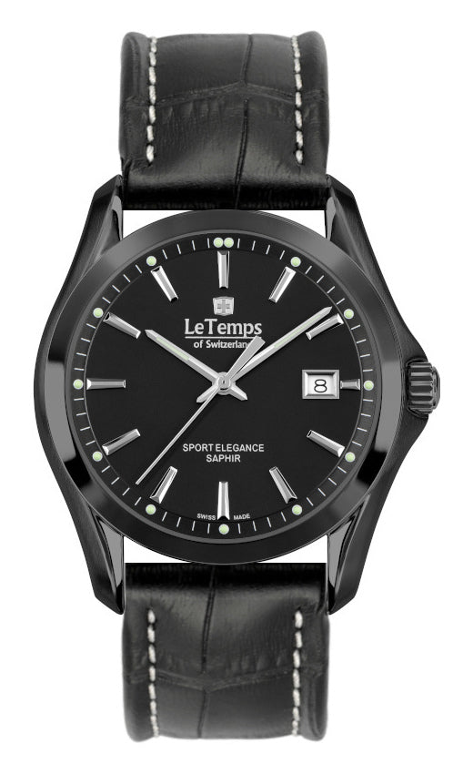 Sport Elegance Gent Herrenuhr mit schwarzem Lederarmband – Saphirglas