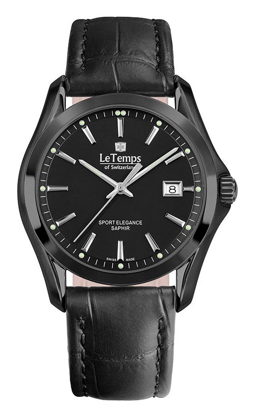 Sport Elegance Gent Herrenuhr mit schwarzem Lederarmband – Saphirglas