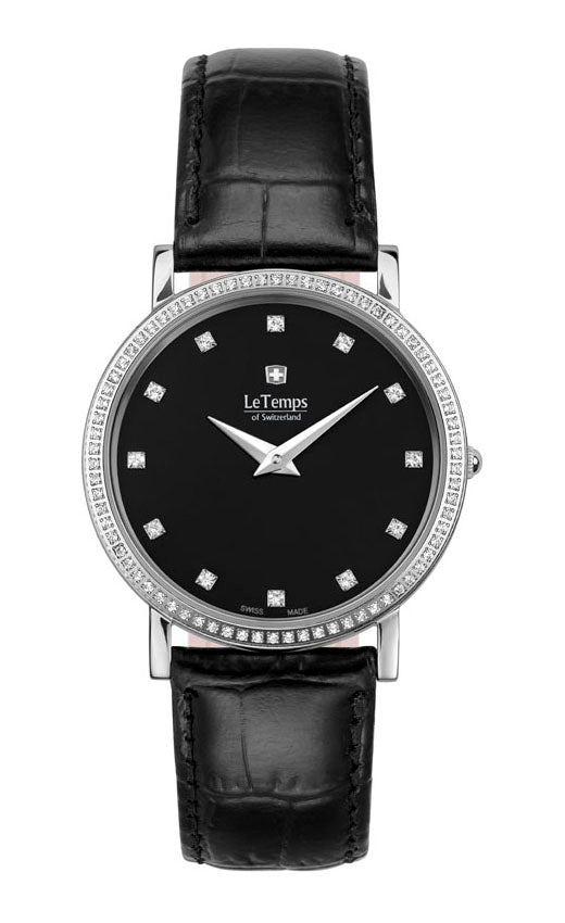 Zafira Slim Swarovski Unisex Uhr mit schwarzem Lederarmband – Saphirglas