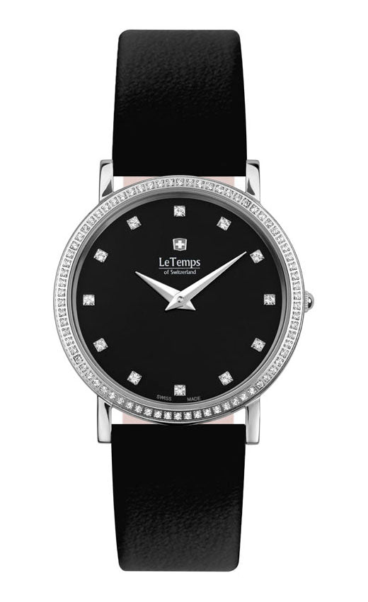 Zafira Slim Swarovski Unisex Uhr mit schwarzem Lederarmband – Saphirglas