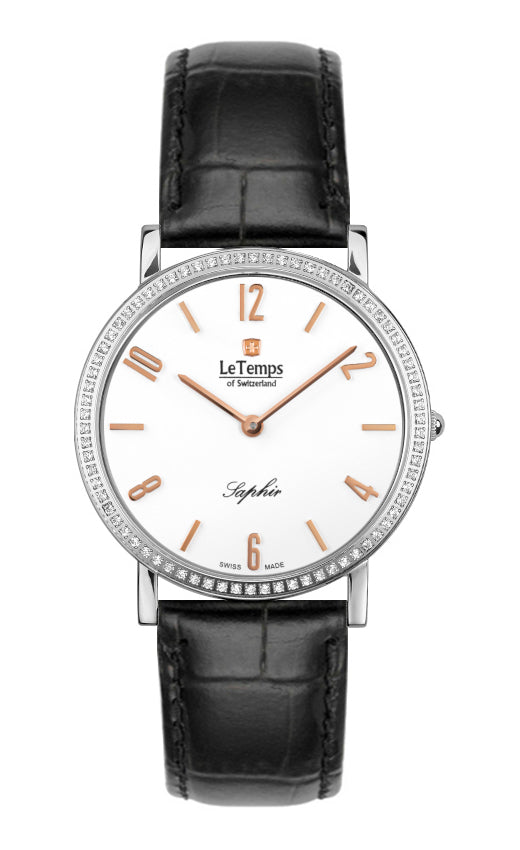 Zafira Slim Swarovski Unisex Uhr mit schwarzem Lederarmband – Saphirglas