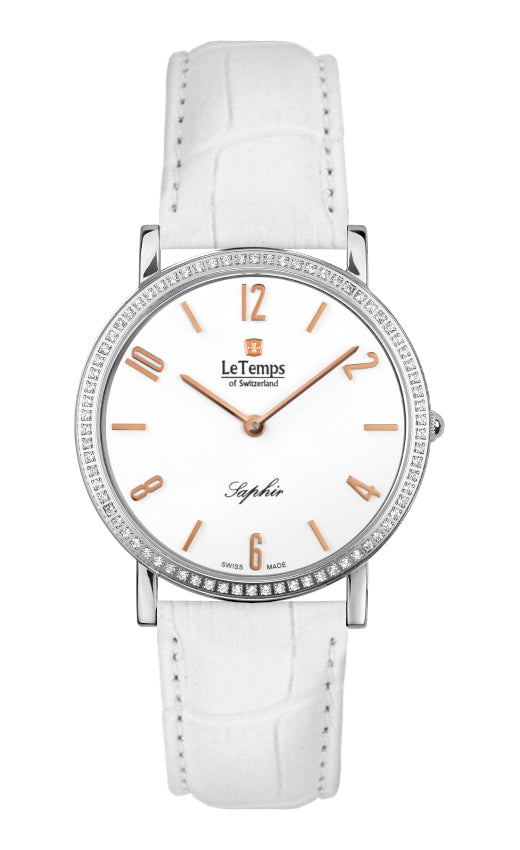 Zafira Slim Swarovski Unisex Uhr mit weißem Lederarmband – Saphirglas