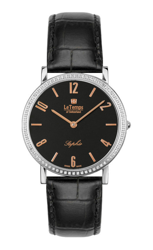 Zafira Slim Swarovski Unisex Uhr mit schwarzem Lederarmband – Saphirglas