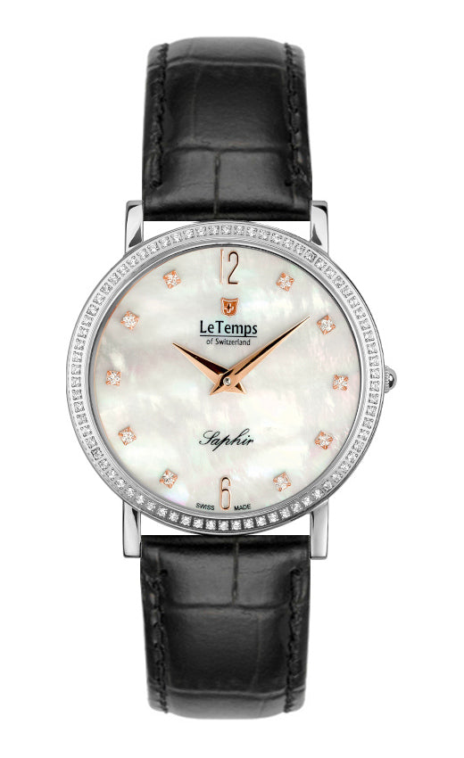 Zafira Slim Swarovski Unisex Uhr mit schwarzem Lederarmband – Saphirglas