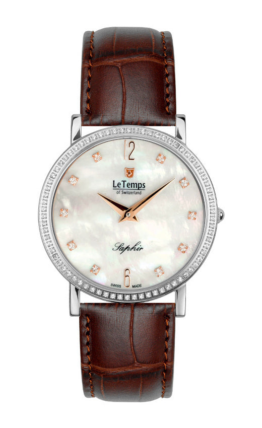 Zafira Slim Swarovski Unisex Uhr mit braunem Lederarmband – Saphirglas