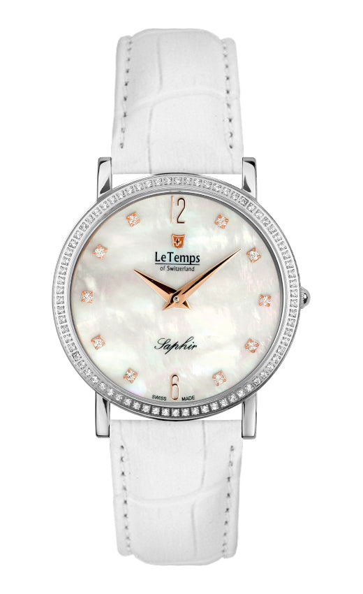 Zafira Slim Swarovski Unisex Uhr mit weißem Lederarmband – Saphirglas