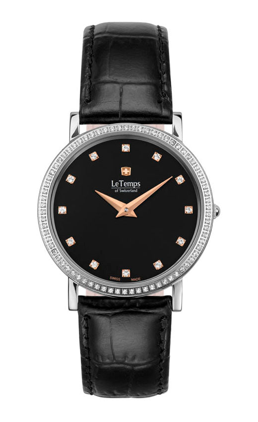 Zafira Slim Swarovski Unisex Uhr mit schwarzem Lederarmband – Saphirglas