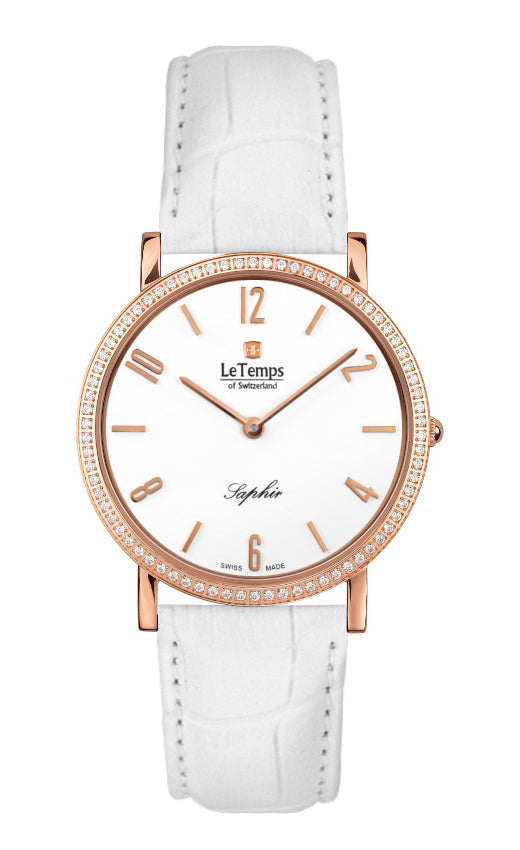 Zafira Slim Swarovski Unisex Uhr mit weißem Lederarmband – Saphirglas