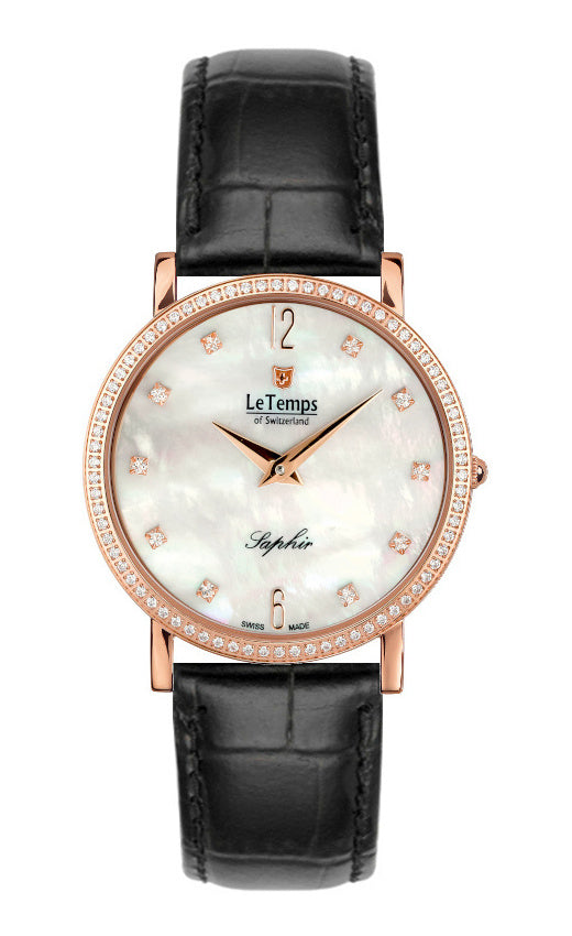 Zafira Slim Swarovski Unisex Uhr mit schwarzem Lederarmband – Saphirglas