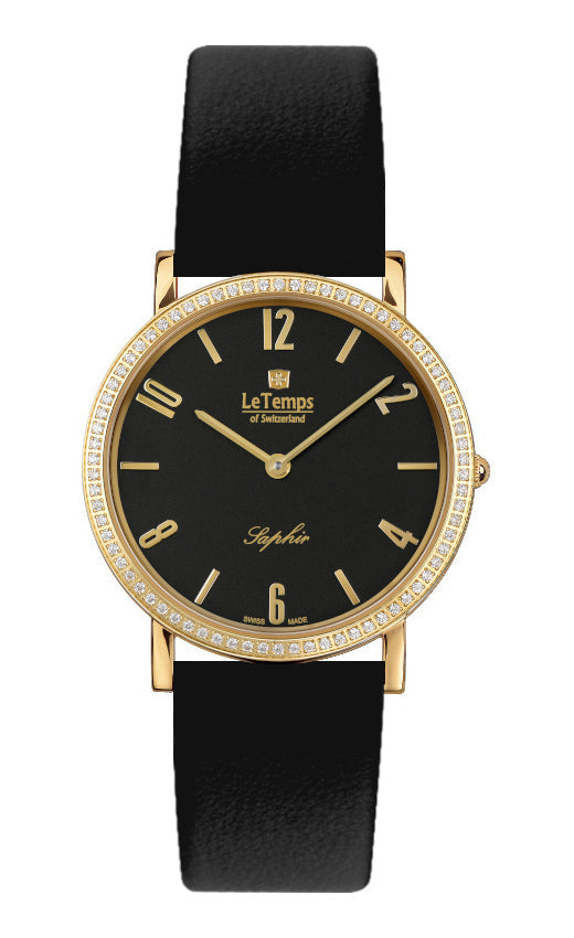 Zafira Slim Swarovski Unisex Uhr mit schwarzem Lederarmband – Saphirglas