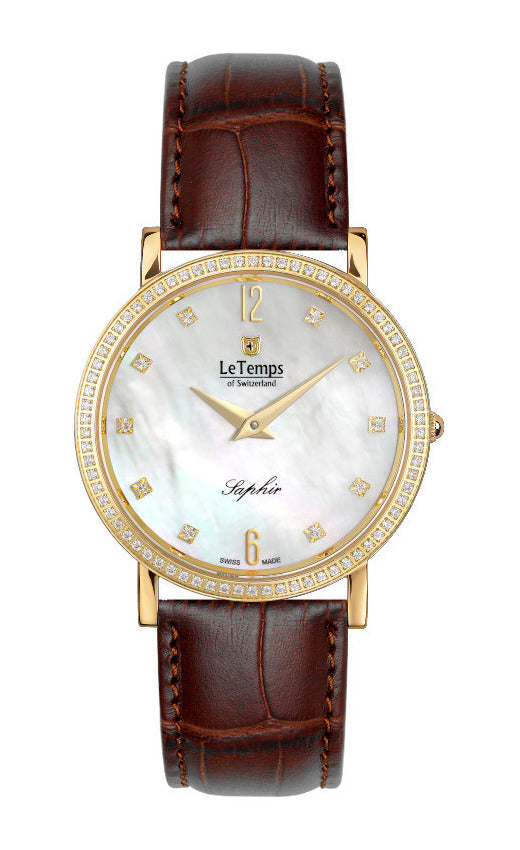 Zafira Slim Swarovski Unisex Uhr mit braunem Lederarmband – Saphirglas