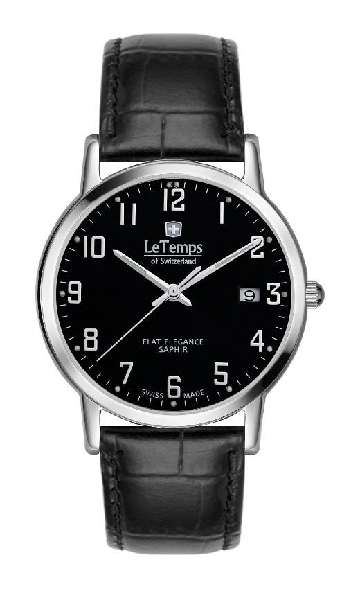 Flat Elegance Gent Herrenuhr mit schwarzem Lederarmband – Saphirglas