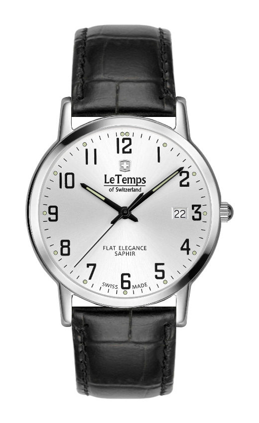 Flat Elegance Gent Herrenuhr mit schwarzem Lederarmband – Saphirglas