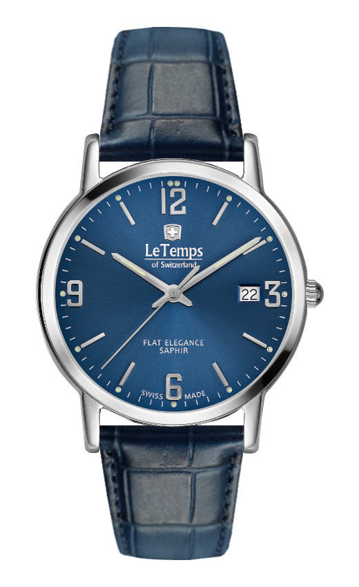 Flat Elegance Gent Herrenuhr mit dunkelblauem Lederarmband – Saphirglas