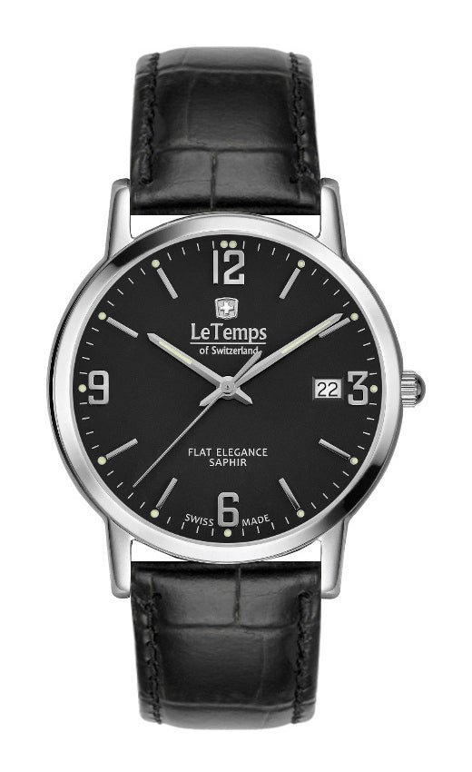 Flat Elegance Gent Herrenuhr mit schwarzem Lederarmband – Saphirglas