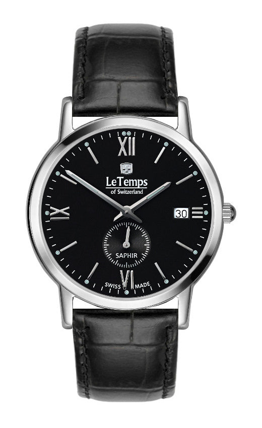 Flat Elegance Gent Herrenuhr mit schwarzem Lederarmband – Saphirglas
