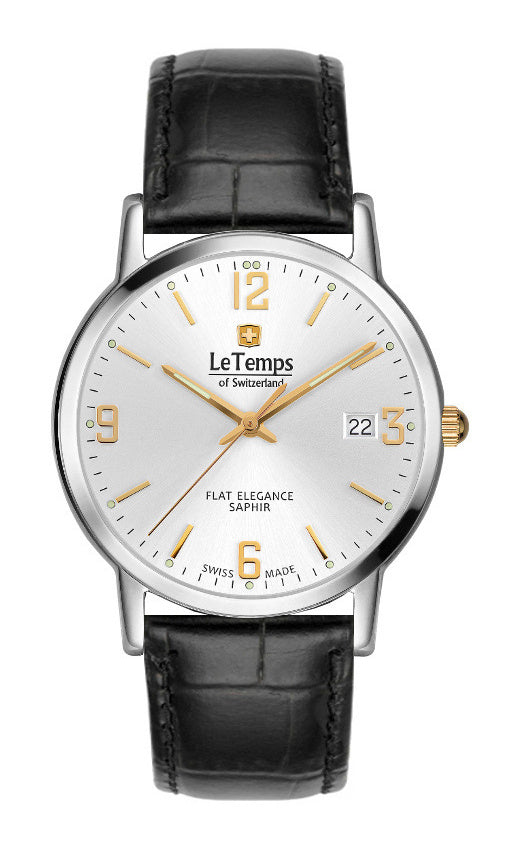 Flat Elegance Gent Herrenuhr mit schwarzem Lederarmband – Saphirglas