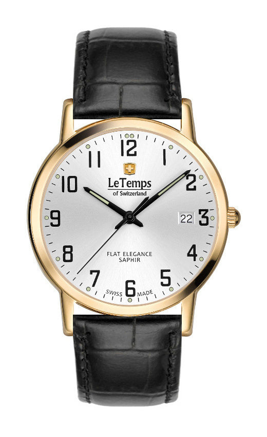 Flat Elegance Gent Herrenuhr mit schwarzem Lederarmband – Saphirglas