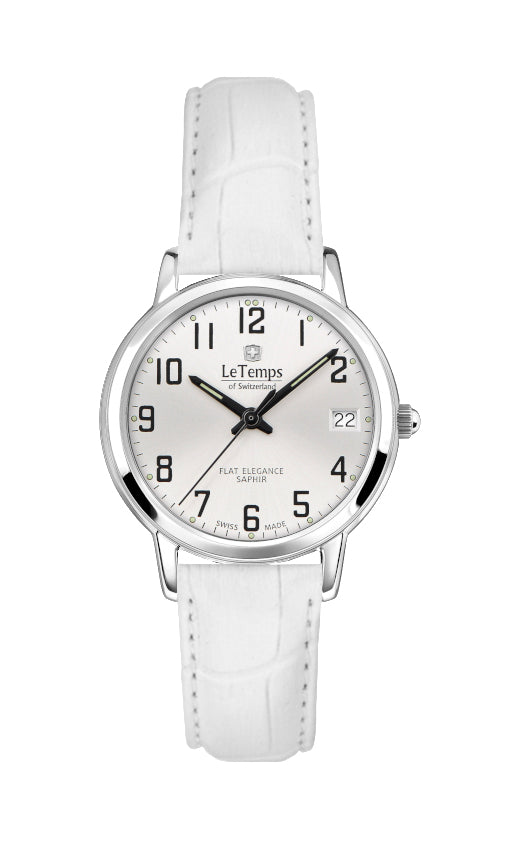 Flat Elegance Lady Damenuhr mit weißem Lederarmband – Saphirglas