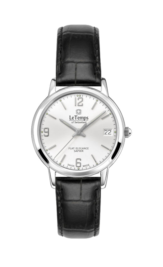 Flat Elegance Lady Damenuhr mit schwarzem Lederarmband – Saphirglas