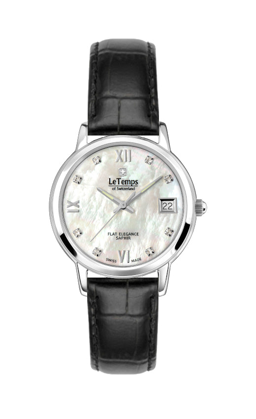 Flat Elegance Lady Damenuhr mit schwarzem Lederarmband – Saphirglas