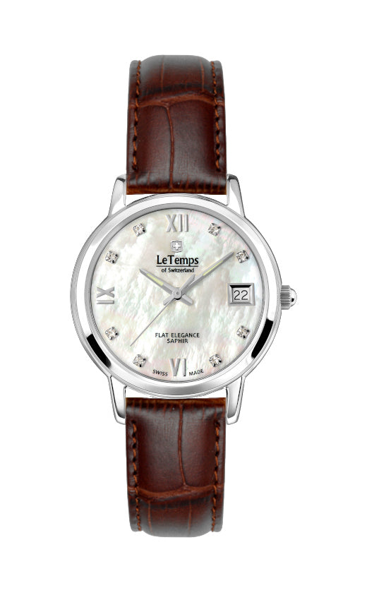 Flat Elegance Lady Damenuhr mit braunem Lederarmband – Saphirglas