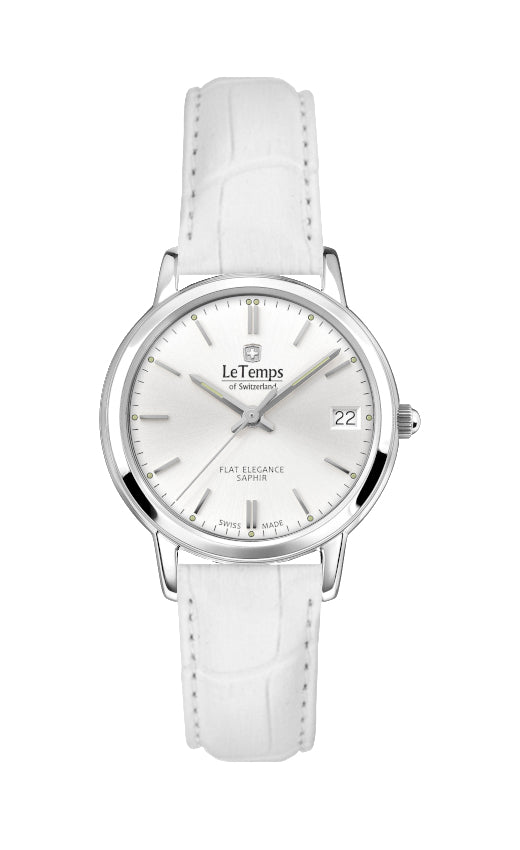 Flat Elegance Lady Damenuhr mit weißem Lederarmband – Saphirglas