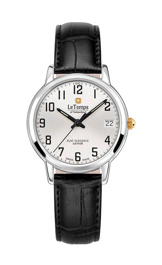 Flat Elegance Lady Damenuhr mit schwarzem Lederarmband – Saphirglas