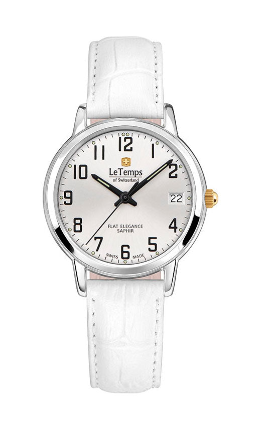 Flat Elegance Lady Damenuhr mit weißem Lederarmband – Saphirglas